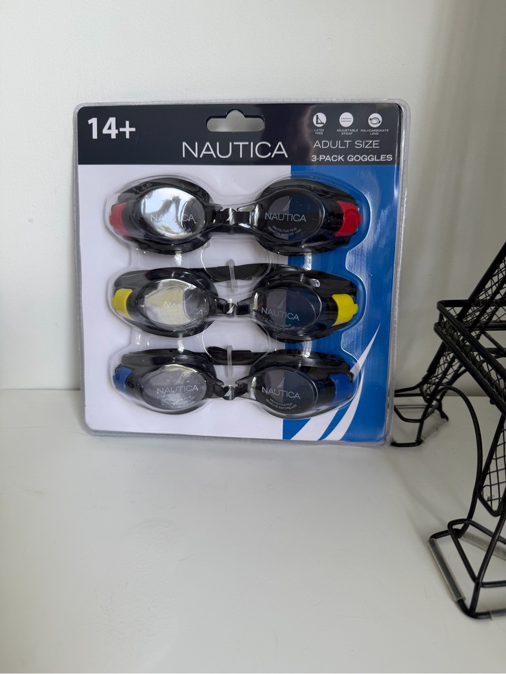 Nautica 3-pack swim goggles in black, red, yellow, and blue